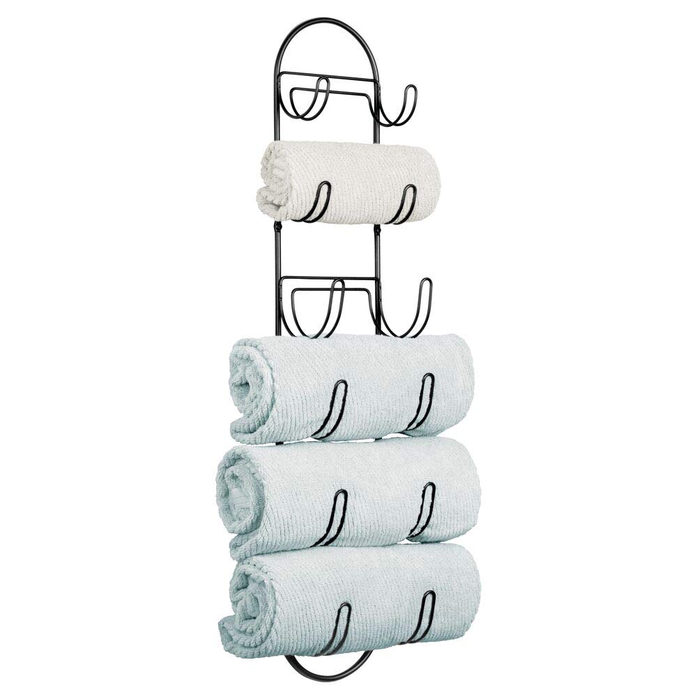 mDesign Wall Mounted Towel Rail - Metal Towel Rack - Chic Bathroom Accessories - Also Suitable for the Guest Toilet - Black