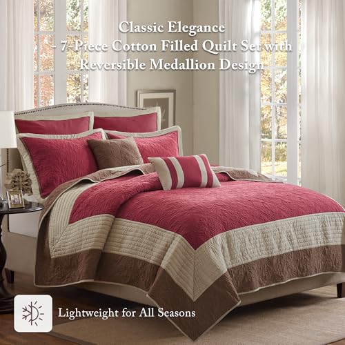 Madison Park Attingham Reversible Quilt Set - All Season Breathable Coverlet, Lightweight Cozy Bedding Layers, Matching Shams, Full/Queen(90"x90"), Red 7 Piece by Madison Park - Image 2