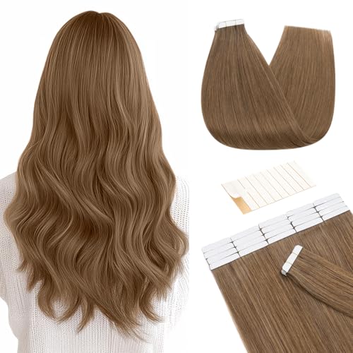 TESS Tape in Hair Extensions Human Hair 10 PCS #06 Light Brown - 12 Inch Seamless Invisible Real Hair Extension Straight 20g