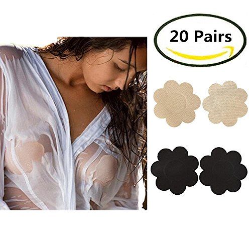 Nippleless Cover, 20 Pairs Nipple Covers Self-Adhesive Disposable Bra Gel Petals Pad Pasties (Beige 10 Pairs + Black 10 Pairs)2