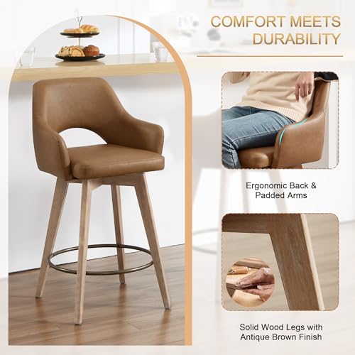 Image of Zesthouse Swivel Bar Stools Set of 4, Wooden Counter Height Barstools with Arms & Open Back, Upholstered Brown PU Leather Counter Stools with Distressed Solid Wood Legs, High Chair for Kitchen Island