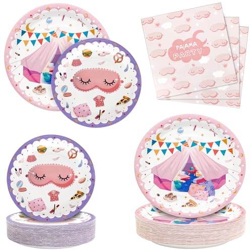 yunhuatdm 180PCS Pajama Party Decorations – Sleepover Slumber Party Tableware Set, Includes Disposable Paper Plates and Napkins for Spa Party Girls Birthday Party Supplies