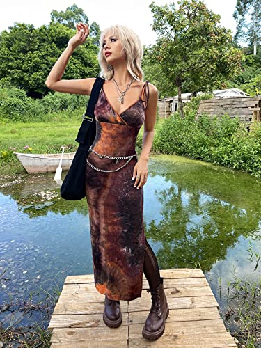 Image of WDIRARA Women's Tie Dye Y2K Vintage Split Spaghetti Bodycon Dress E-Girl Aesthetic Grunge Dress