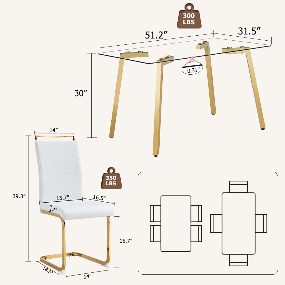 51" Glass Dining Table Set 4,Small Kitchen Room Dining Table Set 4 with Chairs,Tempered Glass Top with Gold Legs,Easy to Assemble,Dinette Breakfast Nook