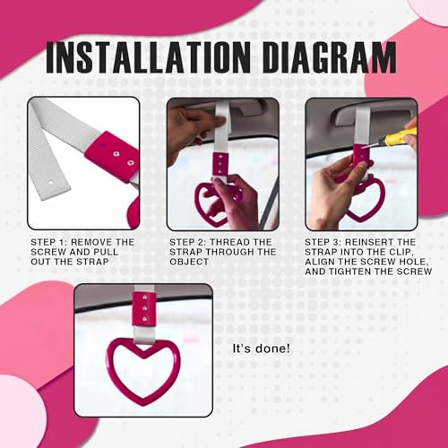 Image of 2PCS Heart Shaped Car Handle Straps, Rear Bumper Warning Keychain Ring for Car Exterior Accessories (Hot Pink-Silver)