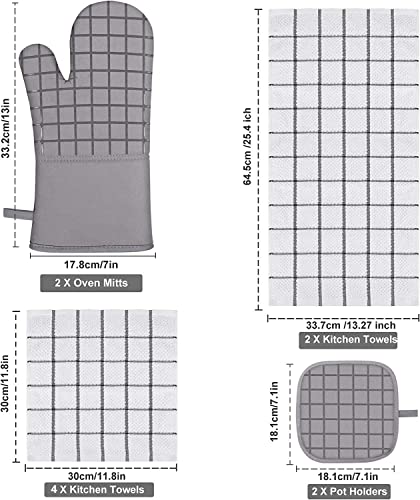 Oven Mitts And Kitchen Towels And Dishcloths Sets, 500 Degree Heat Resistant Kitchen Mitts And Pot Holders, Kitchen Washcloth Towel Set, Pure Cotton Kitchen Hand Towels Sets Hanging Loop 10Pcs Gray #TOP1