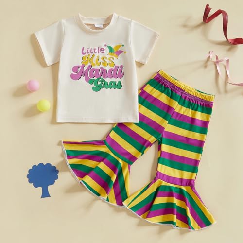 YOKJZJD Toddler Baby Girl Mardi Gras Outfit Little Miss Mardi Gras Short Sleeve T-Shirt Tops Bell Bottom Pants Clothes Set2