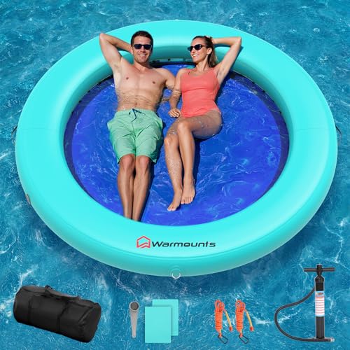 WARMOUNTS Round Floating Ring, 8 FT Inflatable Water Hammock, Heavy Duty Lake Pool Ocean Floats for Adults, Fits 2-5, Float Island Platform for Tanning, Lounging, Water Recreation