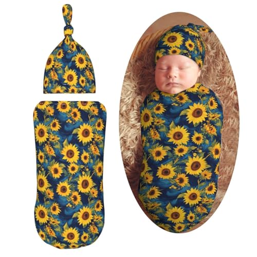 Image of Yellow and Blue Sunflower Newborn Swaddle Blankets Hat Sets Soft Baby Receiving Blanket Swaddle Sack for Baby Shower Infant Boy Girl Gift