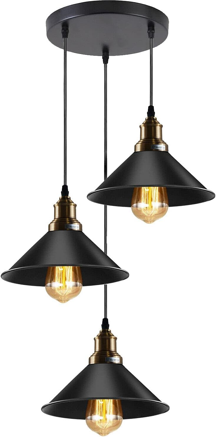 LEDSone Industrial 3 Head Black Metal Ceiling Pendant Light, Adjustable Hanging Light Ceiling Pendant Lamp with 20cm Round Ceiling Rose for Living Room Dining Room and Cafe