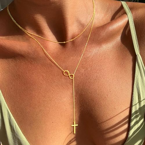 Ursteel Lariat Gold Cross Necklace for Women - Dainty 14K Gold Plated Y-Shaped Cross Pendant Necklace Long Layered Pearl Heart Necklaces Religious Christian Baptism Faith Jewelry Gifts4