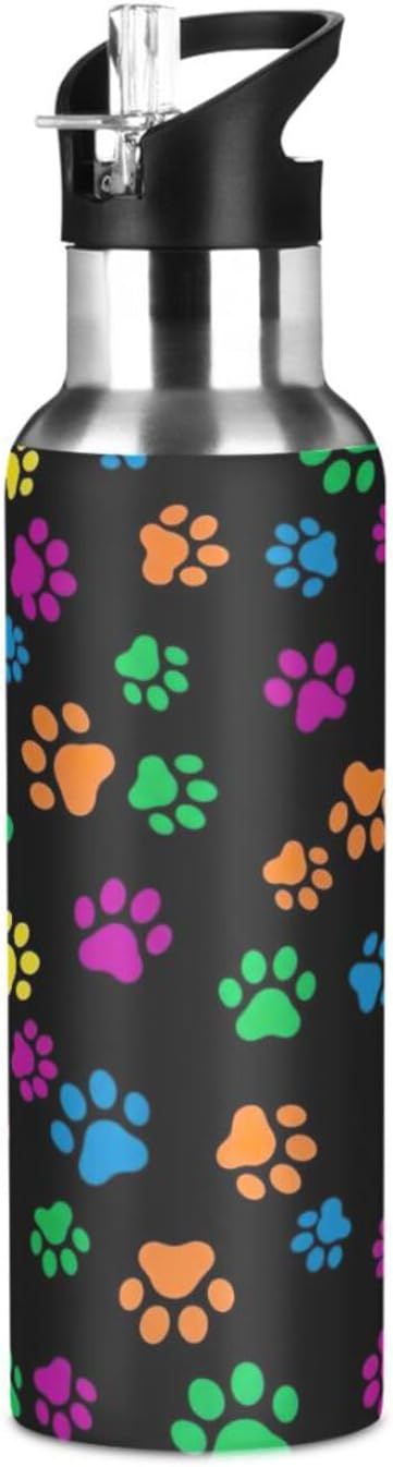Colorful Dog Paw Prints Stainless Steel Water Bottle 32 Oz, BPA-Free Sports Water Bottle with Straw Leakproof Water Bottles