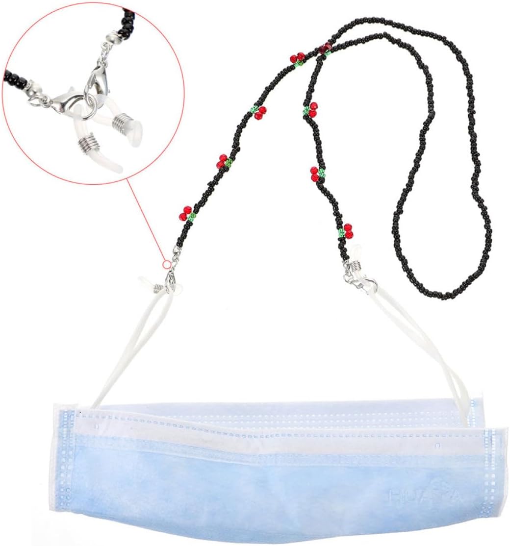 2pcs Beaded Cherry Eyeglass Chain Mask Chain Reading Glasses Strap Sunglasses Holder Necklace for Women Men Black