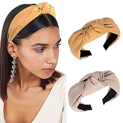Campsis Fashion Knotted Headbands Yellow Knotted Hair Bands Wide PU Leather Hair Hoops for Women and Girls Pack of 2