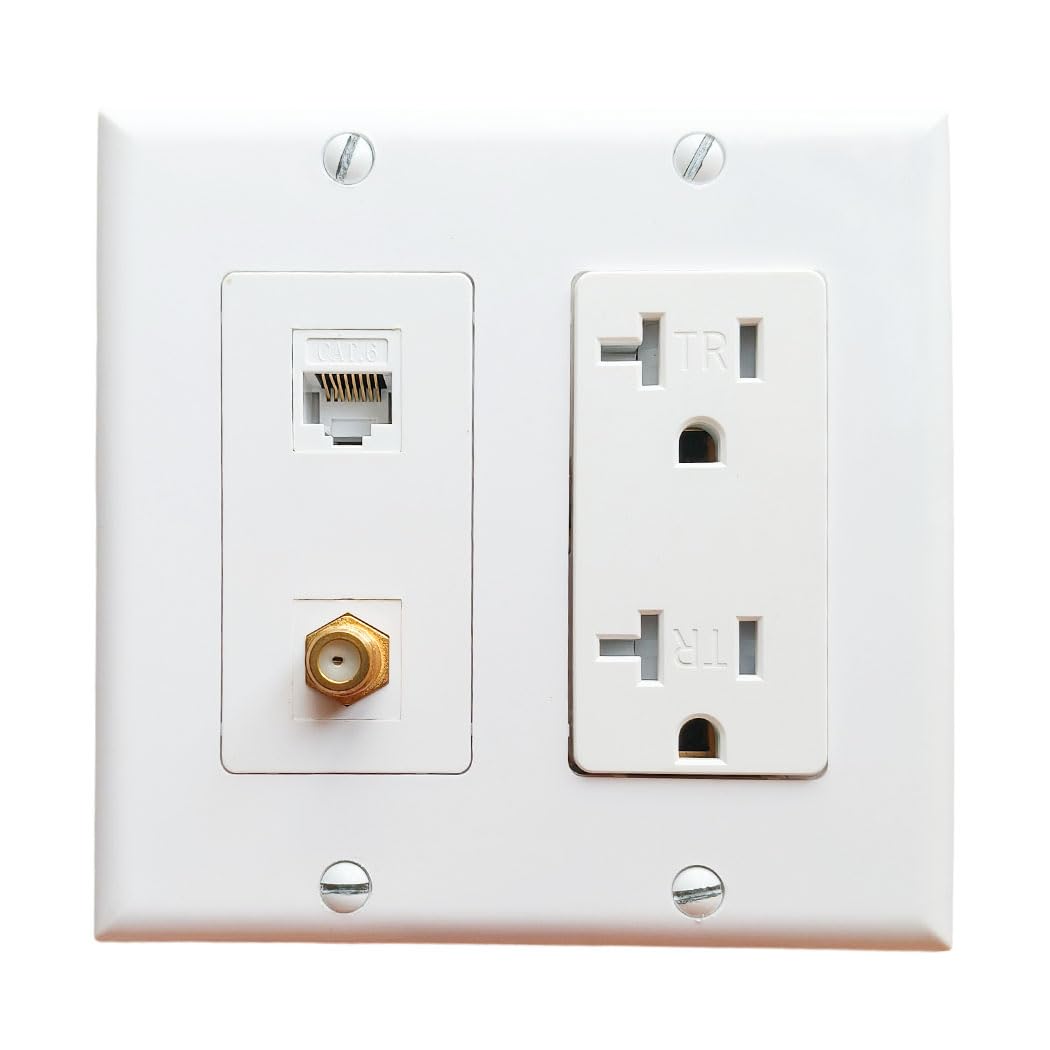2 Gang Ethernet Coax Wall Plate with 20Amp Power Outlet - Duplex Receptacle Outlet Cover Plate with Coaxial Ethernet +1 Port CAT6 + 1 Coax Cable TV F Type Jack- White