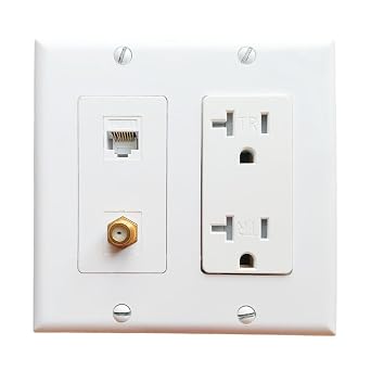 2 Gang Ethernet Coax Wall Plate with 20Amp Power Outlet - Duplex Receptacle Outlet Cover Plate with Coaxial Ethernet +1 Port CAT6 + 1 Coax Cable TV F Type Jack- White