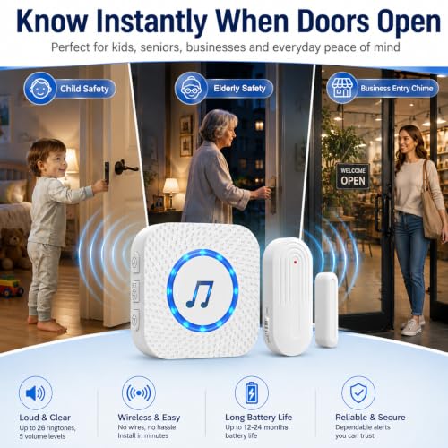 Image of SanJie Door Chimes When Door Opens for Home - Door Alarm with Chime Adjustable Volume,5 Magnetic Door Sensors & 2 Plug-in Receivers - Door Open Chime - Indoor Range 500ft 2 Receivers + 5 Sensors