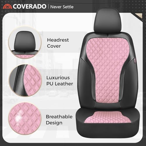 Image of Coverado Seat Covers Front Seats, 2-Pack Luxury Diamond Leather Car Seat Cover, Sports Carbon Fiber Design Waterproof Car Seat Protector, Black Pink Automotive Seat Covers Universal Fit Most Cars