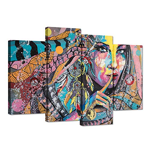 Ihappywall 4 Panel Native American Indians Girl Feathered Beautiful Women Canvas Wall Art Abstract Colorful Artwork Stretched And Framed For Bedroom Moderm Home Decoration Gifts Ready To Hang #TOP18