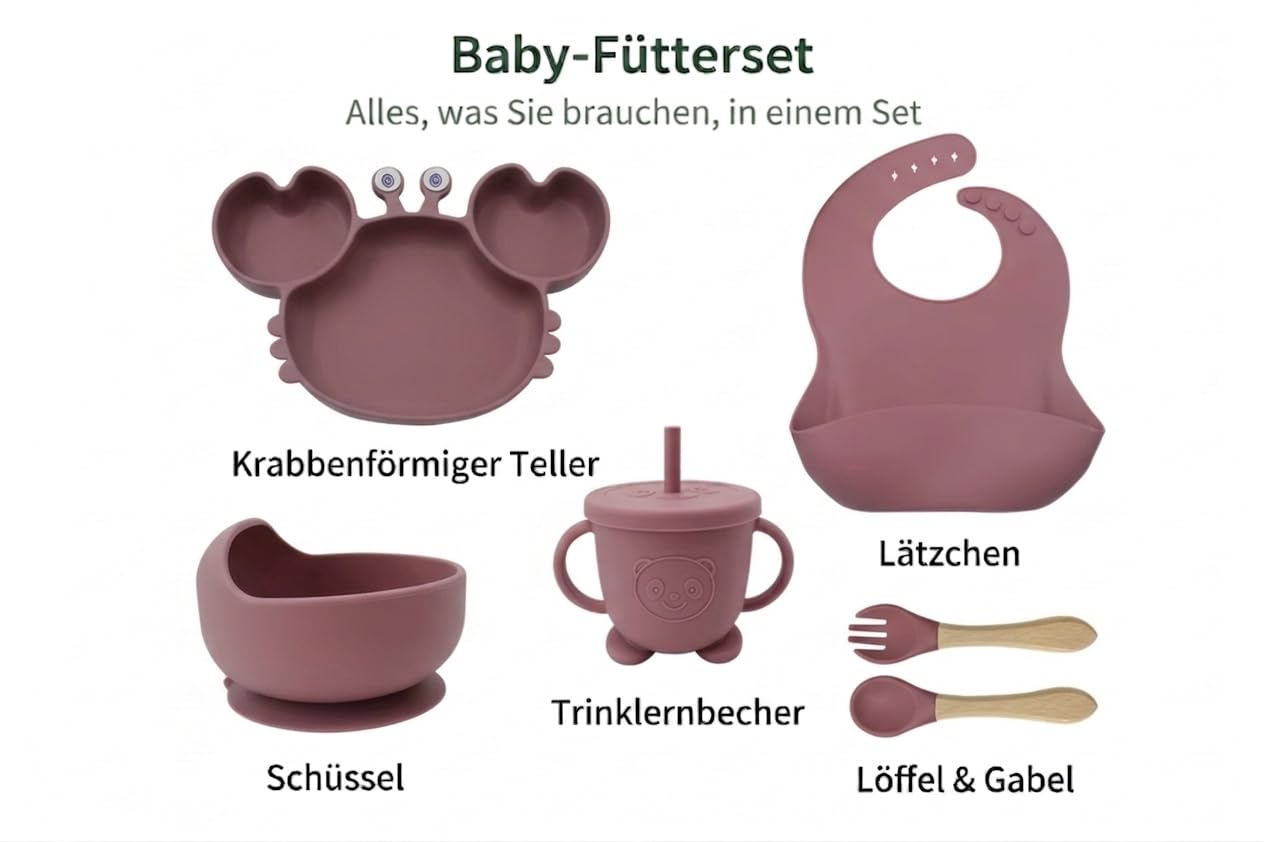 Eliano Set di 6 pezzi in silicone per bambini con piatto per granchio – stoviglie antiscivolo con ventosa, tazza con cannuccia, cucchiaio, forchetta e bavaglini – senza BPA, lavabile in lavastoviglie