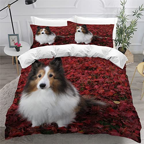 Luxuriöses Sheltie-Bettwäsche-Set für King-Size-Betten, weicher Bettbezug mit 3D-gedrucktem Hunde-Design, pflegeleicht, Mikrofaser, Bettbezug für Erwachsene und Kinder, Reißverschluss, 220 x 240 cm