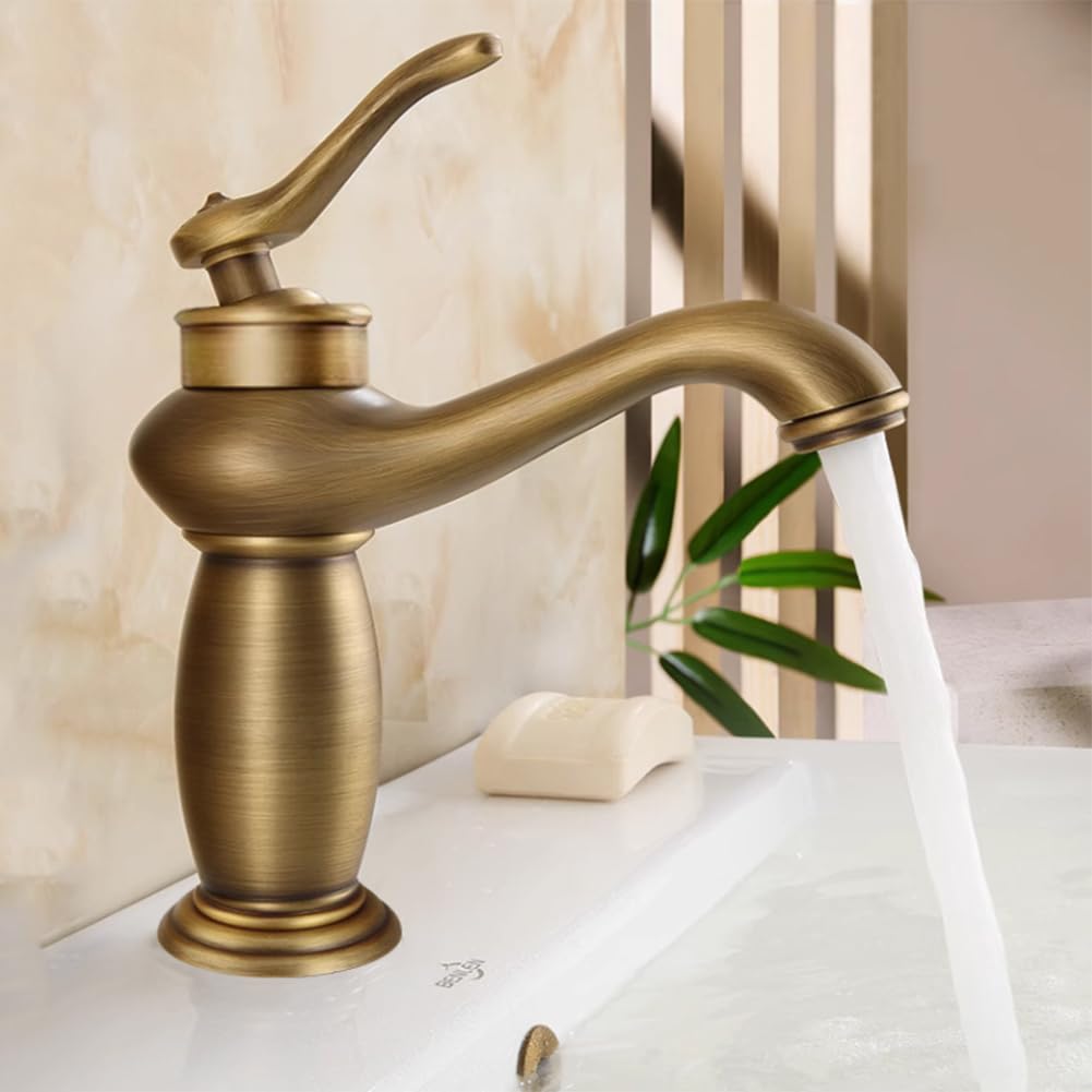 Rubinetto Lavabo Rubinetto Bagno, Stile Anticato Vintage Ottone Monocomando Miscelatore Bagno, Miscelatore Lavabo, Bronzo