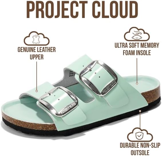 Project Cloud 100% Genuine Leather Flat Sandals for Women 2026 Comfortable Beach Essentials Womens Sandals Memory Foam Vacation Essentials Slides for Women Footwear (Santorini, AQUA, 5.5) - Image 3
