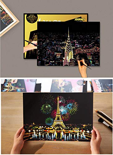 Scratch Paper Rainbow Painting Sketch Pads DIY Art Craft Night View Scratchboard for Adults and Kids – 2 Pack, 16 X 11.2 Inches