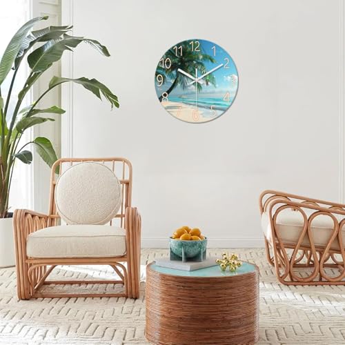 Image of XFM Tropical Beach Wall Clock 12 Inch Silent Blue Coastal | Non-Ticking Battery Operated Modern Glass Palm Tree Round Decorative for Living Room Kitchen Bedroom Office