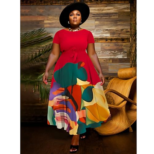 Image of BFFBABY Plus Size Dress A Line Dresses for Women Summer Long Dresses with Sleeve Casual Belted