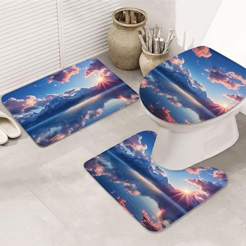 Dwrepo Beautiful Clouds Print Bathroom Rug Set 3 Piece with Non-Slip U-Shaped Contour Mat and Toilet Lid Cover for Bathroom Decoration