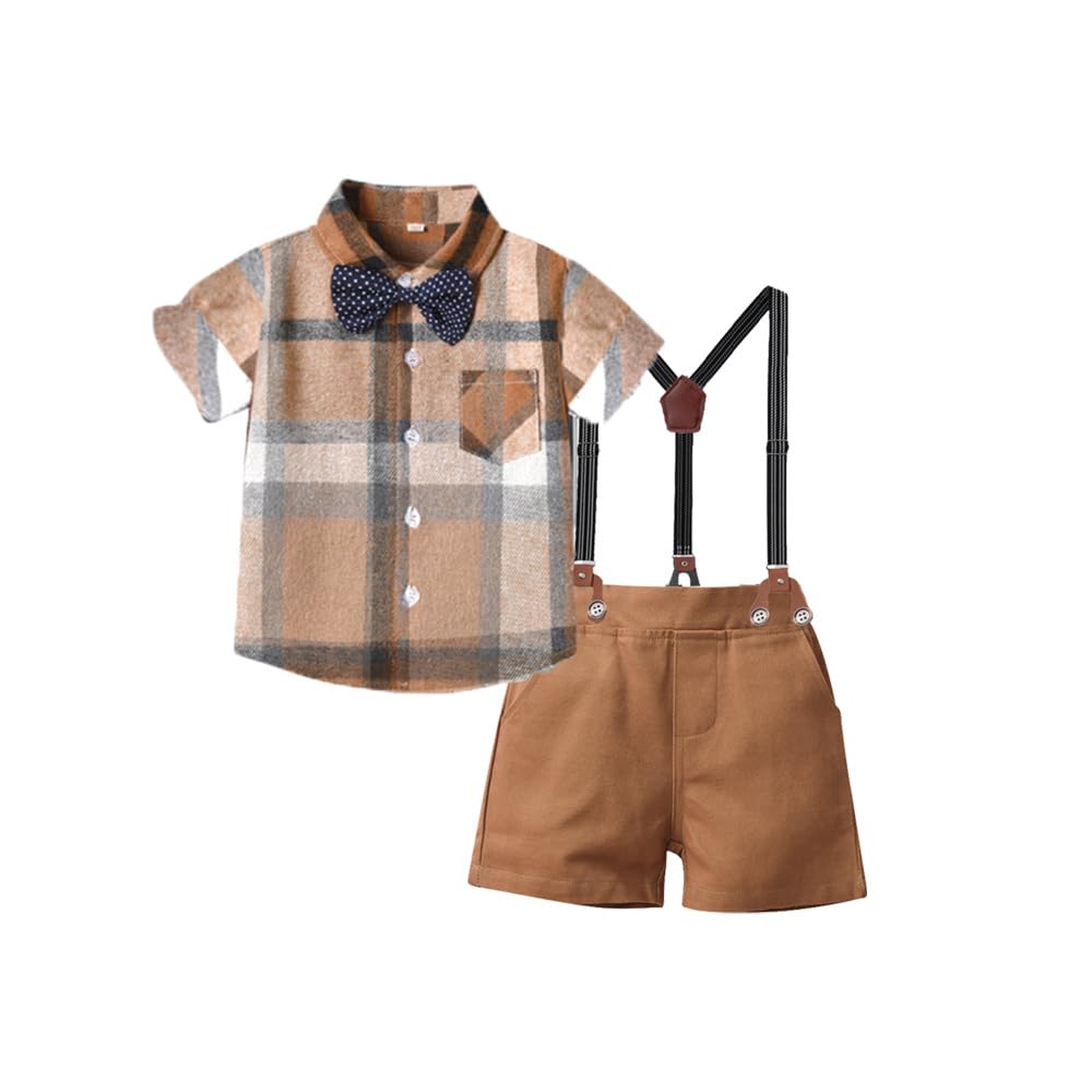 Enfant en Bas âge Bébé Garçon Gentleman Tenues à Manches Courtes Body Chemises Jarretelles Pantalon été Infantile Petit Garçon Costumes à carreaux jaunes 2-3 ans