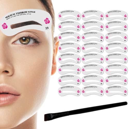Augenbrauen Schablonen Augenbrauenstempel Set 24 Stück Wiederverwendbares Augenbraun Eyebrow Stamp Anfänger Wasserfest DIY Makeup Werkzeug mit Pinsel für Frauen Mädchen Damen Cover