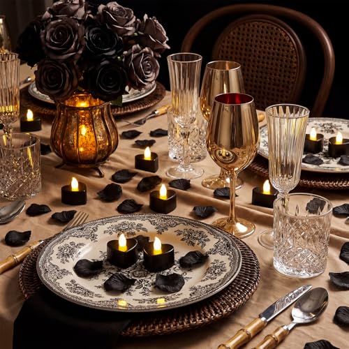 Image of Honoson 1000 Pieces Artificial Rose Petals with 24 Pcs Flameless Heart Shaped LED Tealights Candles Special Romantic Night Decorations for Proposal Wedding Anniversary Table Decor (Black with White)