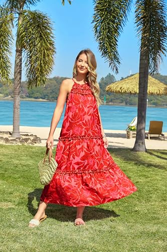 Image of GRACE KARIN 2026 Women's Floral Halter Maxi Dress Boho Summer Beach Sundress with Tiered Ruffle Skirt
