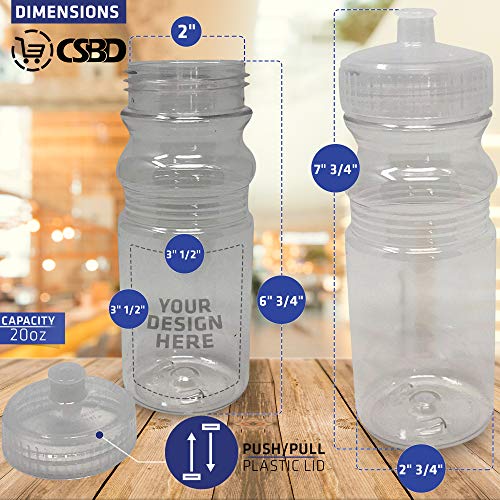 CSBD 20 Oz Sports Water Bottles, 10 Pack, Blank for Customized Branding, No BPA Food Grade Plastic for Fitness, Hiking, Cycling, or Gym Workouts, Made in USA (Clear, 10 Pack)