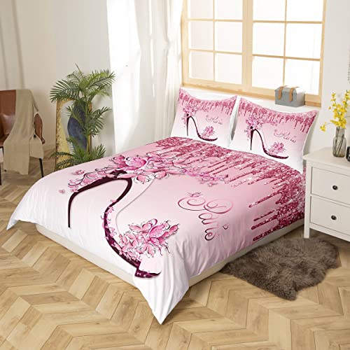 Woman Pink Bedding Set King Size,Flowers Butterfly High Heels Duvet Cover For Kids Girls Home Decor,Fantasy Glitter Comforter Cover Romantic Paris Quilt Cover,2 Pillowcases,Valentine Day Gifts #TOP2