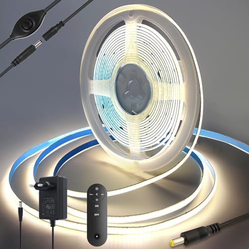 Yamlten LED strip 5m 12V COB LED Streifen mit RF Fernbedienung, Netzadapter,4000k Middium Weiß,320 LEDs/M Dimmbar LED Strip,LED Band für TV Hintergrundbeleuchtung,Computer,Schrank,Schlafzimmer.