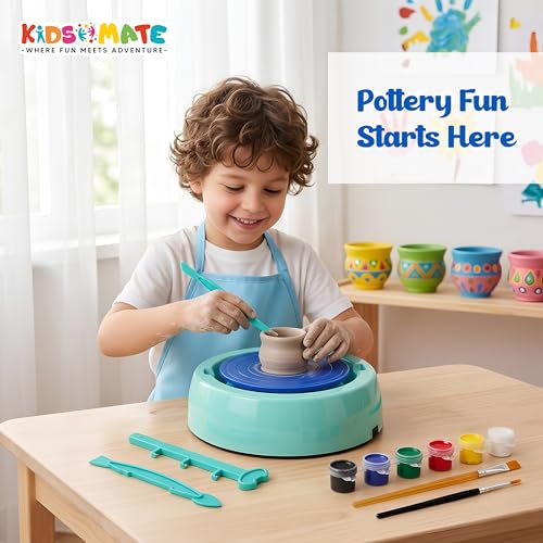 Image of Kidsmate Pottery Making Kit for Kids | DIY Art & Craft Clay Kit with Battery Operated Pottery Wheel, Paints, Tools & Brushes | Creative Toys for Kids 6+ Years