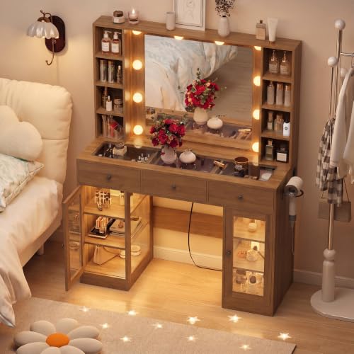Image of HUANLEGO Walnut Vanity Desk with Mirror and Lights, Glass Top Vanity with Lighted Mirror & RGB Glass Cabinet and 3 Drawers, Makeup Vanity Desk with Lights Dressing Table for Bedroom, 3 Color Modes