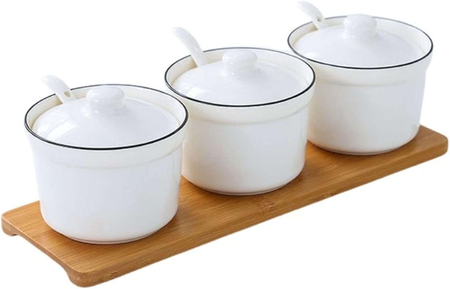 Storage Jars - Simple Ceramic Condiment Container Set, Stylish Seasoning Bowls with Lid & Spoon & Base,Porcelain Spice Jar for Sugar Salt Grains Chili(Set of 3)-Round-Set (Color : Round)