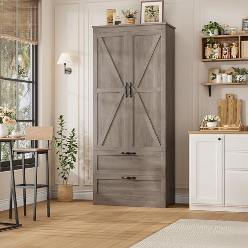 HOSTACK 70" Tall Kitchen Pantry Storage, Barn Doors Pantry Cabinet with Drawers and Adjustable Shelf, Modern Farmhouse Storage Cabinet for Kitchen, Dining Room, Living Room, Bathroom, Ash Grey - Image 5