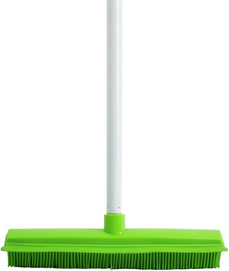 Carpet Broom Extra Long Handle Soft Bristles Rubber and Squeegee Edge Sweeper Push Broom, Green