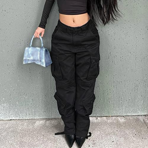 XUETON Baggy Cargo Pants for Women Teen Girls High Waist Straight Wide Leg Jeans Y2K Fashion Cargo Jeans E-Girl Streetwear(Black,Large)2