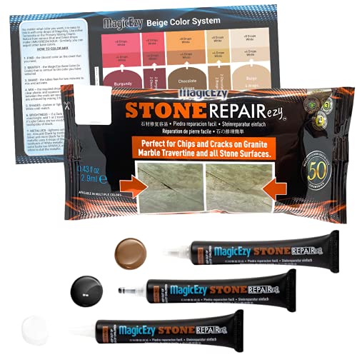 MagicEzy Stone Repairezy (Beige):- Granite, Marble, Travertine. Quartz - Repair Chipped, Cracked Floor Tiles, Countertops - Stone Repair Kit, Touch Up Filler