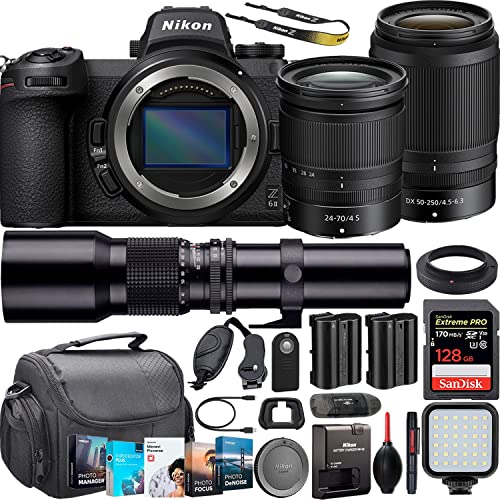 Camera Bundle for Nikon Z6 II Mirrorless Camera with 24-70mm f/4 S + 50-250mm f/4.5-6.3 VR + 500mm f/8 Manual Focus Telephoto Lens and Accessories Kit (128GB, Deluxe Case, LED Light, and More)