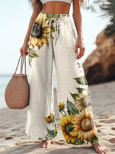 Women Summer Boho Floral Wide Leg Pants for Women Casual Loose Pants Summer Beach Flowers Print with Pockets2
