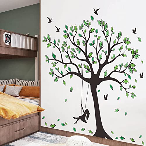 Buiory 6 Sheets Of 12X 18Inch Giant Tree Wall Decal Removable Falling Green Leaves Diy Peel And Stick Art Decor Black Tree Wall Sticker For Baby Kids Girls Bedroom Living Room Offices Classroom Nursery Home Walls Background Decorations (A) #TOP2