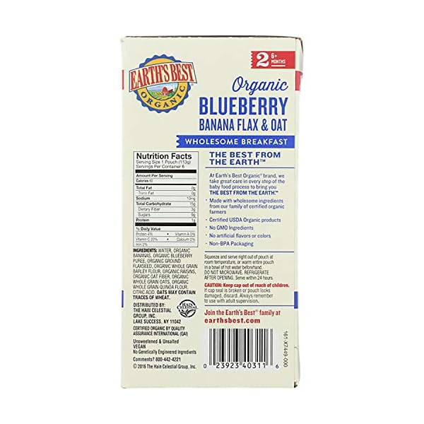Earth's Best Organic Baby Food Pouches, Stage 2 Wholesome Breakfast Puree for Babies 6 Months and Older, Organic Banana Blueberry and Oat Puree, 3.5 oz Resealable Pouch (Pack of 12)