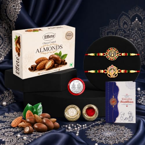 Image of DeoDap Rakhi with Chocolate for Brother - Golden Color Stylish Rakhi 2 Pcs with Almond Chocolate (32g) with Silver Color Pooja Coin, Greeting Card & Tilak Set - Raksha Bandhan Pack (K2 544+543 CA32)